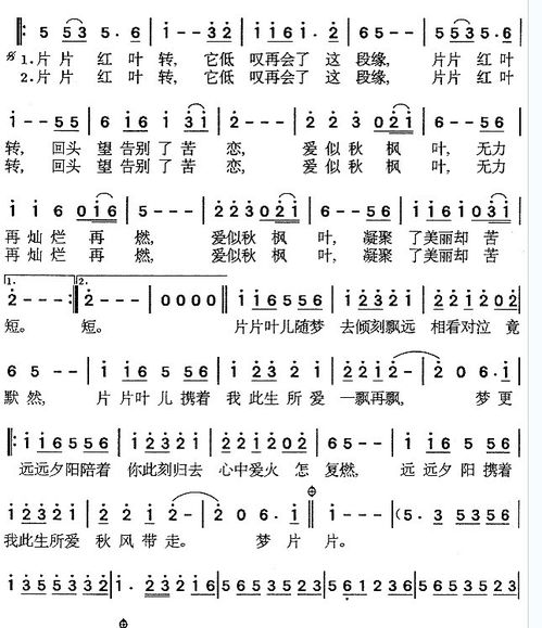 片片枫叶情的歌词 粤语发音