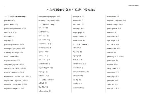 小学四年级英语单词表