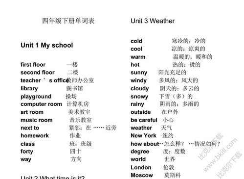 人教版四年级英语词汇大全